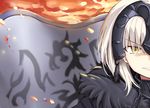  bangs chain eyebrows_visible_through_hair fate/grand_order fate_(series) fur_trim grey_hair headpiece i.f.s.f jeanne_d'arc_(alter)_(fate) jeanne_d'arc_(fate)_(all) looking_at_viewer out_of_frame parted_lips smile solo standard_bearer upper_body yellow_eyes 
