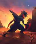  bone claws desert dragon garchomp gen_4_pokemon ground highres looking_at_viewer looking_back mega_pokemon moon mountain no_humans pokemon pokemon_(creature) rock salanchu sharp_teeth sky solo standing sunset tail teeth tree withered yellow_eyes 