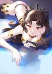  ass asymmetrical_sleeves bad_id bad_pixiv_id black_hair blurry breasts cleavage depth_of_field earrings elbow_gloves fate/grand_order fate_(series) furururu gloves highres hoop_earrings ishtar_(fate/grand_order) jewelry long_hair long_legs looking_at_viewer lying medium_breasts on_stomach parted_lips red_eyes single_elbow_glove single_thighhigh solo thighhighs 