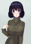  bangs black_hair blue_eyes blush breasts commentary cross cross_necklace gomashi_(goma) highres jewelry large_breasts looking_at_viewer mole mole_under_mouth necklace original ribbed_sweater short_hair simple_background solo sweater 