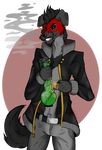  anthro bong callmedaddy canine clothed clothing digital_media_(artwork) dog drugs ear_piercing fur hair looking_at_viewer male mammal marijuana piercing smile smoke smoking solo standing 