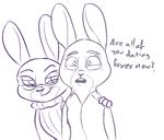  2017 anthro arm_around_shoulders bonnie_hopps buckteeth clothed clothing dialogue disney duo english_text eyewear female glasses hand_on_shoulder lagomorph mammal open_mouth rabbit restricted_palette simple_background smile smirk sweater teeth text tggeko violet_hopps_(zootopia) white_background zootopia 