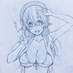  bikini_top blush breasts cleavage commentary_request double_v headphones highres large_breasts long_hair looking_at_viewer monochrome nitroplus open_mouth simple_background sketch smile solo super_sonico tsuji_santa upper_body v white_background 