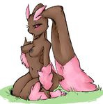  1girl alternate_color animal_ears blush breasts bunny_ears bunny_tail collarbone feet full_body furry glacierclear grass half-closed_eyes highres kneeling lopunny medium_breasts navel nipples no_humans nude open_mouth paws personification pink_eyes pokemon pokemon_(creature) pokemon_dppt saliva shiny_pokemon simple_background solo tail tongue white_background 
