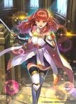  armor bare_shoulders cape celica_(fire_emblem) commentary_request dress fingerless_gloves fire_emblem fire_emblem_cipher fire_emblem_echoes:_mou_hitori_no_eiyuuou gloves hmk84 long_hair official_art open_mouth red_eyes red_hair smile solo thighhighs tiara watermark zettai_ryouiki 