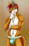  2017 5_fingers absurd_res anthro ayuke blue_eyes bulge canine cinta clothed clothing eyebrows fur gloves_(marking) hair hi_res jockstrap male mammal markings multicolored_fur muscular orange_fur pondering pose red_hair red_nose scar simple_background solo standing stripes tattoo thinking tight_underwear topless underwear white_fur wolf 