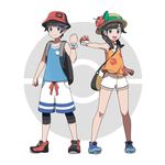  1girl :d asatsuki_(fgfff) backpack bag bare_legs bare_shoulders black_hair blue_eyes blue_footwear boots braid bucket_hat flat_chest flower full_body hair_flaps hat highres holding holding_poke_ball legwear_under_shorts long_hair looking_at_viewer mizuki_(pokemon) official_style open_eyes open_mouth poke_ball poke_ball_(generic) pokemon pokemon_(game) pokemon_usum pose shirt short_hair short_sleeves shorts simple_background sleeveless sleeveless_shirt smile standing sun_hat t-shirt tank_top twin_braids white_background white_shorts you_(pokemon) z-ring 