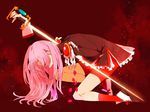  arm_up ateka from_side full_body glowing glowing_sword glowing_weapon holding holding_sword holding_weapon impaled long_hair one_knee petals pink_hair red_legwear red_shorts shorts shoujo_kakumei_utena solo stabbed sword tears tenjou_utena weapon 