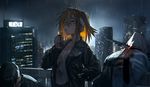  bandages black_coat blonde_hair blood blood_stain cigarette cityscape coat collarbone corpse grey_eyes hand_in_pocket highres knife_to_throat lighter looking_away original rain short_hair solo summergoat water_drop 