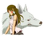  bare_arms brown_eyes brown_hair earrings facial_mark hair_ornament jewelry krrn long_hair looking_at_viewer mononoke_hime necklace san simple_background sleeveless white_background wolf 