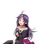  :d ahoge between_legs black_legwear black_sweater collarbone hairband hand_between_legs jewelry long_hair looking_at_viewer necklace official_art open_mouth pleated_skirt pointy_ears purple_hair purple_skirt red_eyes sitting skirt smile solo sweater sword_art_online sword_art_online:_code_register thighhighs transparent_background very_long_hair yuuki_(sao) zettai_ryouiki 