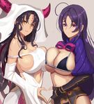  bangs bikini black_bikini black_gloves black_hair breast_press breasts cleavage closed_mouth commentary_request contrast detached_sleeves elbow_gloves facial_mark fate/extra fate/grand_order fate_(series) fingerless_gloves forehead_mark gg-e gloves heart heart_hands heart_hands_duo horns large_breasts long_hair long_sleeves looking_at_viewer minamoto_no_raikou_(fate/grand_order) multiple_girls navel orange_eyes parted_bangs parted_lips purple_eyes purple_hair sesshouin_kiara sideboob smile stomach swimsuit symmetrical_docking upper_body veil very_long_hair wide_sleeves 