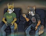 2017 anthro blue_eyes brown_eyes canine clothed clothing digital_media_(artwork) duo fully_clothed male mammal paan shanewolf sitting smile video_games wolf yokhame 