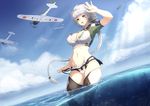  aircraft airplane barbariank black_legwear blue_sky braid breasts cleavage cloud cloud_print day eyebrows_visible_through_hair groin hand_up highres kantai_collection large_breasts light_rays long_hair looking_at_viewer navel parted_lips partially_underwater_shot single_braid sky smile solo standing stomach sunbeam sunlight thighhighs unryuu_(kantai_collection) very_long_hair wading water white_hair yellow_eyes 