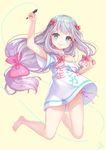  adrenaline!!! barefoot blue_eyes bow clothes_writing eromanga_sensei hair_bow highres izumi_sagiri long_hair looking_at_viewer off_shoulder panties pink_panties pisuke purple_hair shirt side-tie_panties smile solo stylus underwear white_shirt 