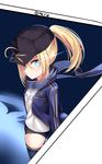  ahoge artoria_pendragon_(all) bangs baseball_cap blue_legwear blue_scarf blush buruma closed_mouth cowboy_shot eyebrows_visible_through_hair fate_(series) gym_uniform hair_between_eyes hat highres i.f.s.f mysterious_heroine_x name_tag open_track_jacket ponytail rojiura_satsuki:_chapter_heroine_sanctuary scarf sidelocks smile solo thighhighs thighs twitter_username 