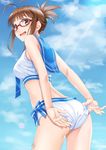  adjusting_clothes adjusting_swimsuit akizuki_ritsuko artist_name ass brown_eyes brown_hair commentary_request cowboy_shot day glasses idolmaster idolmaster_(classic) light_rays looking_back midriff miri_(ago550421) open_mouth outdoors red-framed_eyewear sailor_bikini sailor_collar signature smile solo sunbeam sunlight swimsuit thighs 