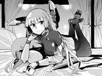  bangs barefoot blunt_bangs blush book breasts commentary_request dress failure_penguin feet gloves greyscale hair_ribbon headgear highres holding holding_book kantai_collection long_hair looking_at_viewer lying medium_breasts monochrome murakumo_(kantai_collection) off_shoulder on_bed on_stomach pantyhose ribbon sailor_dress short_eyebrows sidelocks skin_tight sleeves_folded_up thighband_pantyhose tress_ribbon yoshika_fuumi 