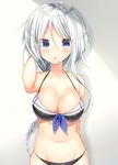  adapted_costume bikini black_bikini blue_eyes blush braid breasts collarbone groin highres kantai_collection large_breasts long_hair ntk_(7t5) open_mouth silver_hair single_braid solo swimsuit umikaze_(kantai_collection) very_long_hair 