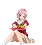  collarbone convenient_leg flower hair_flower hair_ornament head_tilt lisbeth lisbeth_(sao-alo) looking_at_viewer miniskirt obentou official_art outstretched_arms pink_hair red_eyes red_sweater shiny shiny_skin short_hair sitting skirt smile socks solo sweater sword_art_online sword_art_online:_code_register transparent_background white_flower white_legwear white_skirt 