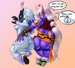  &lt;3 2017 5_fingers ?! anthro anus blue_eyes breasts butt butt_grab caprine clothed clothing dialogue duo ear_piercing english_text female female/female fingers fur hair hand_on_butt hooves horn humanoid kindred_(lol) labatate lamb_(lol) league_of_legends long_ears long_hair mammal mask nipples no_underwear nude piercing purple_skin pussy riot_games sheep simple_background soraka speech_bubble spirit text video_games white_fur white_hair yellow_eyes 