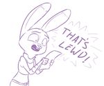 2017 anthro buckteeth bulletproof_vest clothed clothing dialogue disney english_text female holding_object judy_hopps lagomorph mammal monochrome open_mouth paper police_uniform purple_and_white rabbit reaction_image simple_background solo teeth text tggeko uniform white_background zootopia 