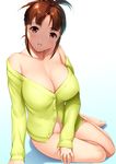  akizuki_ritsuko breasts brown_eyes brown_hair dragon@harry highres huge_breasts idolmaster idolmaster_(classic) looking_at_viewer naked_shirt shirt short_hair smile solo 