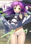  1girl :o ass_visible_through_thighs black_dress blush breasts cowboy_shot cross-laced_clothes dress gradient_hair green_eyes green_hair hair_between_eyes hijiri_byakuren index_finger_raised juliet_sleeves large_breasts long_hair long_sleeves looking_at_viewer multicolored_hair muunyan_(yumenekoya) open_mouth panties puffy_sleeves purple_hair schedule sidelocks solo speech_bubble spoken_exclamation_mark thigh_gap touhou underwear v-shaped_eyebrows very_long_hair white_panties wind wind_lift 