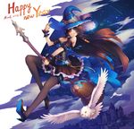  animal bird black_hair black_legwear blue_eyes blue_hat blush broom broom_riding collarbone happy_new_year hat head_tilt high_heels long_legs magical_girl mool_yueguang new_year night night_sky original owl pantyhose parted_lips signature sky smile star_(sky) starry_sky witch witch_hat 