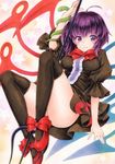  alternate_eye_color alternate_hair_color asymmetrical_wings black_dress black_legwear blue_wings bow bowtie breasts center_frills dress funnyfunny houjuu_nue looking_at_viewer marker_(medium) medium_breasts over-kneehighs polearm puffy_sleeves purple_eyes purple_hair red_bow red_footwear red_neckwear red_ribbon red_wings ribbon shoe_ribbon shoes short_dress smile snake solo thighhighs touhou traditional_media trident weapon wings 