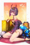  bare_legs barefoot blush breasts commentary_request fate/grand_order fate_(series) from_side highres horns japanese_clothes kakage kimono lantern leaning_on_object looking_at_viewer oni oni_horns open_mouth purple_eyes purple_hair short_hair shuten_douji_(fate/grand_order) sitting small_breasts smile solo thighs 