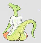 2017 anthro anus bottomless butt butt_focus clothed clothing crocodile crocodilian feazelbal female grey_background looking_at_viewer looking_back presenting presenting_hindquarters pussy raised_tail rear_view reptile scalie simple_background solo 