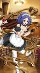  :d alternate_costume apron black_dress blue_hair chess_belle chocolate choker collarbone dress enmaided frilled_apron frills indoors leg_up looking_at_viewer maid maid_headdress open_mouth owari_no_seraph pantyhose red_eyes short_dress smile solo white_apron white_legwear 