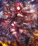  armor armored_dress cape castle cleavage_cutout cygames demon_girl demon_horns eyebrows_visible_through_hair eyepatch hand_on_hip holding holding_sword holding_weapon horns laura_(shadowverse) lm7_(op-center) long_hair official_art purple_hair red_eyes reverse_grip shadowverse shingeki_no_bahamut smirk sword thighhighs weapon 
