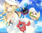  bag bangs bare_shoulders blonde_hair blue_ribbon blue_sky blunt_bangs blush braid breasts cloud collared_dress commentary_request cosmog day dress eyebrows_visible_through_hair gen_3_pokemon gen_4_pokemon gen_7_pokemon green_eyes hat hat_ribbon lillie_(pokemon) long_hair looking_at_viewer mikan_no_shiru no_bra ocean open_mouth outdoors pokemon pokemon_(creature) pokemon_(game) pokemon_sm ribbon rotom rotom_dex rowlet sideboob sky sleeveless sleeveless_dress small_breasts sun_hat sundress twin_braids water white_dress white_hat wingull 