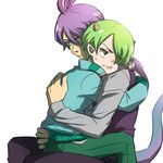  ahoge green_eyes green_hair hair_over_one_eye horns hug lizard_tail long_hair lowres male_focus michael_wazowski monsters_inc. multiple_boys nagatobi necktie personification pout purple_hair randall_boggs tail vest 