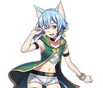  ;d animal_ears armlet blue_eyes blue_hair bracelet cat_ears cat_tail choker collarbone cowboy_shot crop_top green_ribbon hair_between_eyes hair_ribbon jewelry midriff navel official_art one_eye_closed open_mouth ribbon short_hair_with_long_locks short_shorts shorts sidelocks sinon sinon_(sao-alo) smile solo standing stomach sword_art_online sword_art_online:_code_register tail transparent_background wet white_shorts 
