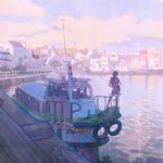  1girl backpack bag black_hair boat building hands_on_hips harbor ilya_kuvshinov image_sample original outdoors scenery short_hair solo standing thighhighs tumblr_sample watercraft 