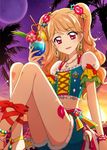  aikatsu! aikatsu!_(series) aikatsu!_photo_on_stage!! blonde_hair blue_hawaii cocktail cocktail_glass cup drinking_glass flower highlights holding holding_cup midriff moon_(ornament) multicolored_hair natsuki_mikuru night night_sky palm_tree pineapple_slice pink_eyes ribbon sky solo tree tropical_drink 