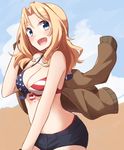  american_flag_bikini bikini bikini_top black_shorts blonde_hair blue_bikini_bottom blue_eyes brown_jacket cowboy_shot flag_print girls_und_panzer hair_intakes highres jacket kapatarou kay_(girls_und_panzer) long_hair looking_at_viewer military military_uniform mismatched_bikini open_mouth saunders_military_uniform shorts solo swimsuit uniform 