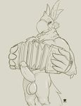  accordion anthro balls big_penis breath_of_the_wild erection kass_(zelda) male monochrome muscular musical_instrument nintendo penis rito smile solo standing the_legend_of_zelda tridark video_games 