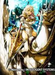  armor blonde_hair braid breastplate brown_eyes cloud company_name daigoman effie_(fire_emblem) fire_emblem fire_emblem_cipher fire_emblem_echoes:_mou_hitori_no_eiyuuou gloves long_hair official_art open_mouth pegasus pegasus_knight polearm riding sky solo thighhighs twin_braids weapon white_gloves 