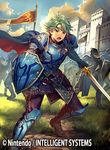  alm_(fire_emblem) armor armored_boots boots cape cloud company_name day faceless faceless_male fire_emblem fire_emblem_cipher fire_emblem_echoes:_mou_hitori_no_eiyuuou flag furikawa_arika gloves grass green_eyes green_hair headband helmet left-handed male_focus official_art open_mouth shield sky solo_focus sword teeth weapon 