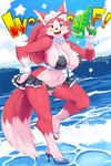  2017 5_fingers 5_toes ahoge anthro beach bikini blush breasts canine clothing collar english_text female footwear fur hand_on_hip hi_res high_heels kame_3 kemono looking_at_viewer mammal navel nipple_bulge on_one_leg open_mouth outside red_eyes red_fur sea seaside shirt_cuffs shoes signature solo standing swimsuit teeth text toes water water_gun 