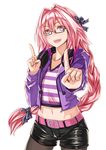  astolfo_(fate) belt bespectacled black_legwear blush braid commentary esg_(essagna) fang fate/apocrypha fate_(series) glasses hair_ribbon headphones index_finger_raised jacket koi_dance legwear_under_shorts long_hair looking_at_viewer male_focus midriff multicolored_hair open_mouth otoko_no_ko pantyhose pink_hair purple_eyes ribbon shirt shorts single_braid smile solo streaked_hair striped striped_shirt zipper_pull_tab 