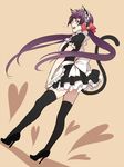  alternative_costume animal_ears ao_no_exorcist artist_request bell black_dress black_legwear black_outfit black_thighhighs bow cat_tail dress female headdress high_heels kamiki_izumo long_hair maid maid_headdress nekomimi one_eye_covered open_mouth purple_hair shoes side_view solo tail thighhighs 
