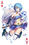  2016 ace_of_diamonds beamed_eighth_notes beamed_sixteenth_notes blue_eyes blue_hair blush boots cape card card_(medium) collarbone eighth_note eyebrows_visible_through_hair gloves hair_ornament high_heel_boots high_heels long_legs looking_at_viewer magical_girl mahou_shoujo_madoka_magica miki_sayaka mool_yueguang musical_note open_mouth panties pantyshot playing_card playing_card_theme short_hair signature sleeveless smile solo treble_clef underwear upskirt white_cape white_gloves white_panties 