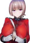  &gt;:( after_paizuri bangs blunt_bangs blush breasts button_gap closed_mouth commentary_request cum cum_on_body cum_on_breasts cum_on_upper_body eyebrows_visible_through_hair fate/grand_order fate_(series) florence_nightingale_(fate/grand_order) frown gloves large_breasts long_hair long_sleeves looking_at_viewer military military_uniform muunyan_(yumenekoya) pink_eyes pink_hair solo uniform upper_body v-shaped_eyebrows white_gloves 