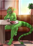  anthro beverage bread breasts coffee female food hair horn nipples nude omesore open_mouth reptile scalie sitting solo toast yawn 