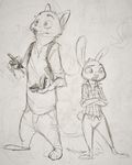  2016 anthro black_and_white book buckteeth canine clothed clothing crossed_arms disney duo female fox hi_res holding_object judy_hopps lagomorph male mammal monochrome monoflax nick_wilde pen rabbit simple_background standing teeth traditional_media_(artwork) white_background zootopia 